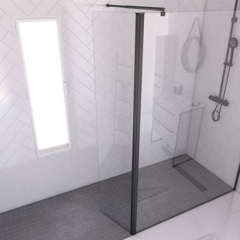 volet pivotant pour paroi de douche fixe - 40x200cm - verre transparent 6mm - profile noir mat