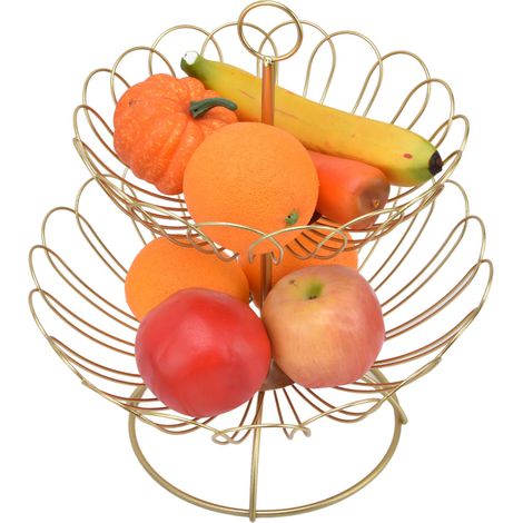 Corbeille à fruits à deux étages au design nordique moderne et géométrique, avec panier à fruits doré amovible pour la décoration. (1/5)