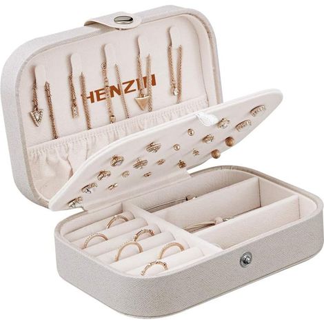 Boîte à Bijoux,Mallette à Bijoux,Boîte de Voyage Portable de Rangement de Bijoux Pour Anneaux Boucles d'oreilles, Colliers, Bracelets,Boîte à Bijoux Femme,Blanc (1/5)