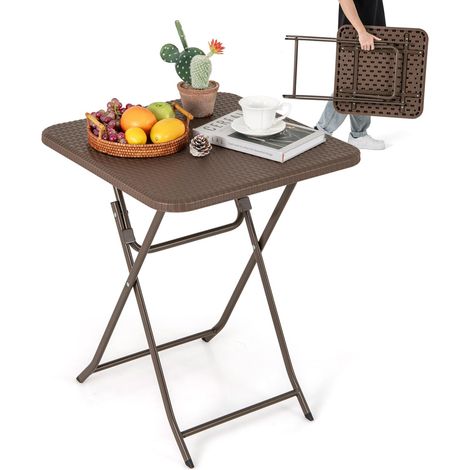 COSTWAY Tavolino Pieghevole Quadrato 60 cm, Tavolo da Pranzo per Interni ed Esterni con Piano in Rattan, Maniglia per Trasporto, Tavolo da Picnic per 4 Persone, Portata 50 kg (1/5)