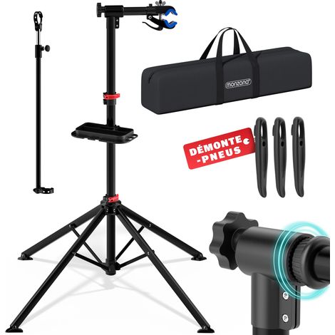 Pied d'atelier pour vélos pliable réparation nettoyage max. 30 kg pivotable 360° sac de rangement