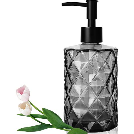 7.5 x 18cm Distributeur Savon Liquide Vaisselle, 330ml Distributeur de Savon, Distributeur Savon Noir Salle de Bain, Distributeur Savon en Verre, Distributeur Savon pour Lotion Gel Douche Savon