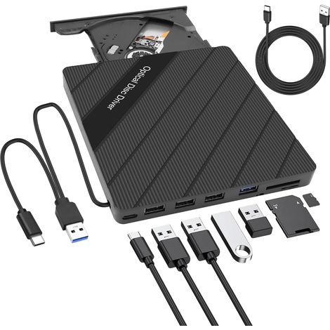 Lecteur CD/DVD externe pour ordinateur portable USB 3.0 Type-C Portable CD/DVD ROM +/-RW Lecteur Graveur Lecteur Duplicateur de disque avec USB 3.0/Type-C/SD/TF Ports 8 en 1 pour ordinateur de (1/5)