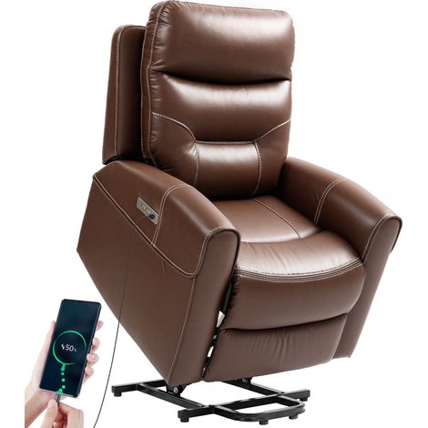 Power Lift Recliner Chair for Elderly, Overstuffed Faux Leather Riser and Reclining Chair with USB A+C Ports, Recliner Armchair for Living Room, Brown (1/4)