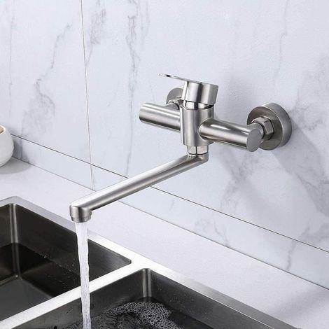 Wand Küchenarmatur Wandarmatur Wandmontage Spültischarmatur Wasserhahn Einhebelmischer Mischbatterien Armatur für Küche mit 360° Drehbar Auslauf kurz Edelstahl (1/5)