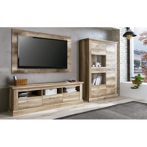 Pegane – Ensemble de meubles de salon chêne vieilli – Meuble TV 180x41,8x56,6 cm – Vitrine basse 125x41,8x174,7 cm – Panneau TV 160x19,2x100 cm (1/4)