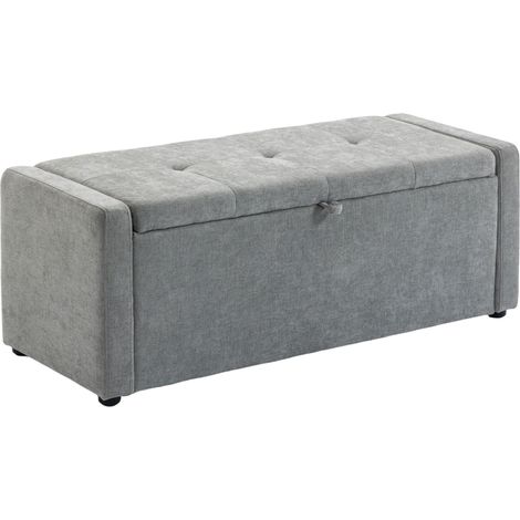 Banc de rangement, bout de lit, repose-pieds rembourré en lin avec assise large, 122 x 48 x 44 cm, gris clair