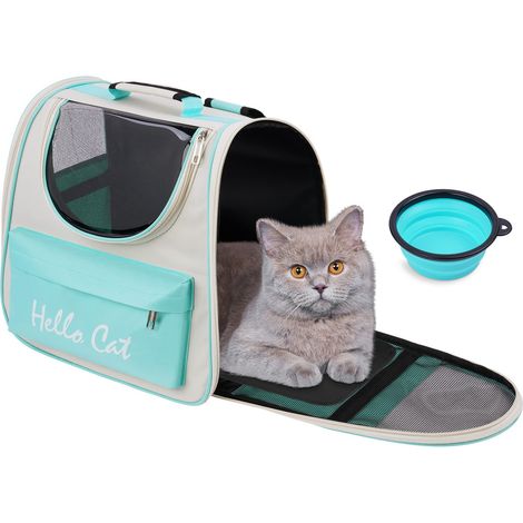Sac à Dos Transport Chat Chien, Spacieux et respirant sac de voyage pour animaux de compagnie avec bol, Convient aux petits et moyens chiens et chats, Camping Randonnées Voiture Restaurant(Vert)