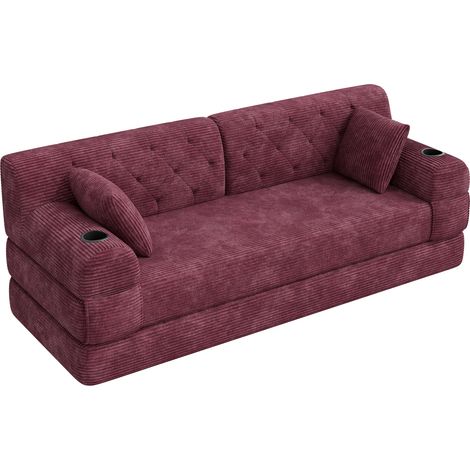 Canapé convertible 3 places en velours côtelé avec dossier haut, 4 poches latérales et 2 porte-gobelets, pour petits espaces – CHICFURN (1/5)
