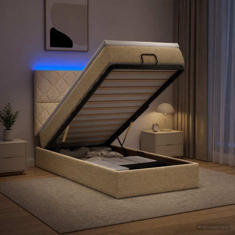 vidaXL Lit coffre avec matelas et LED Crème 100 x 200 cm Tissu (1/5)