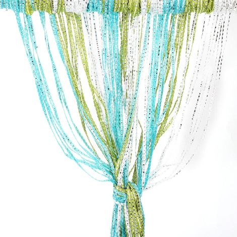 Rideau à ficelles pour Porte, Panneau Mural, fenêtre, séparateur de pièce, Maison, terrasse, Chambre à Coucher, Ruban décoratif à Pompons pour Mariage, café (Vert, Bleu, Blanc) (1/5)