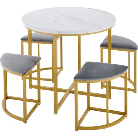 Rundes Esstisch-Set 80 cm mit 4 Stühlen aus MDF und Metall, Grau und Weiß (1/5)