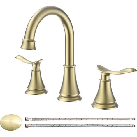 Robinet de lavabo de 20 cm (8 po), nickel brossé, 2 poignées, bec pivotant à 360° avec bonde escamotable, doré (1/5)