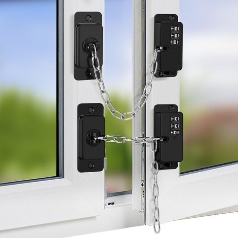 A set of two adjustable window limiters and a refrigerator lock with child combination lock, suitable for doors/cabinets, black.