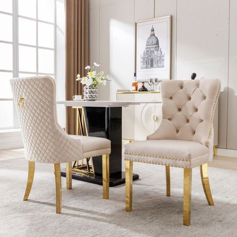 Lot de 2 Chaise de salle à manger en velours - pieds de support en acier inoxydable,chaise Coussin moelleux salon/cuisine,beige (1/5)