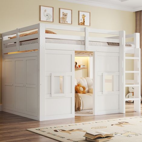 Cama alta dormitorio con armario y LED blanca OKMYHOME (1/5)