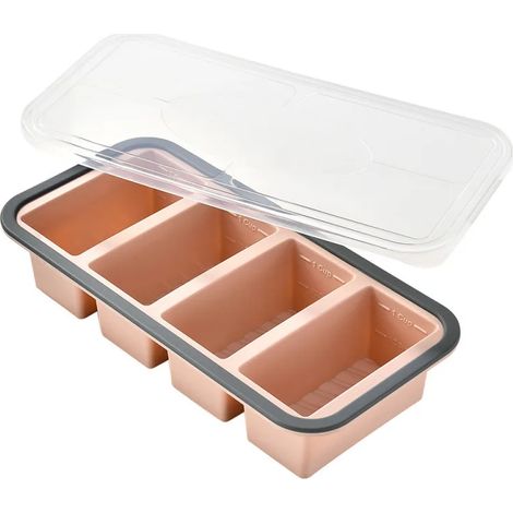 (Rouge-4 grilles) Plateau à soupes cubiques avec couvercle, moule en silicone pour congélation, pour la préparation de repas surgelés, qualité alimentaire, sans BPA, empilable, compatible four et lave (1/5)