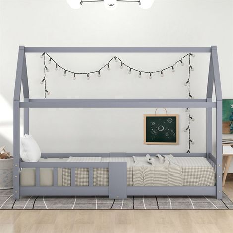 Lit enfant «maison» 90 x 200 cm gris en pin et MDF avec sommier à lattes et protection anti-chute — sans matelas