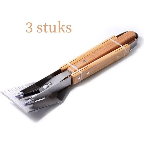 3-piece stainless steel and wood barbecue utensil set including fork, spatula, and knife for outdoor cooking (1/5)