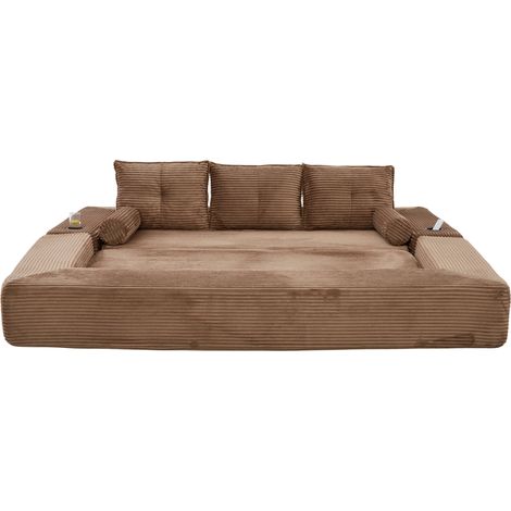 Canapé convertible 3 places en velours côtelé avec mousse haute densité, accoudoirs amovibles et porte-boissons, idéal salon et appartement (1/5)