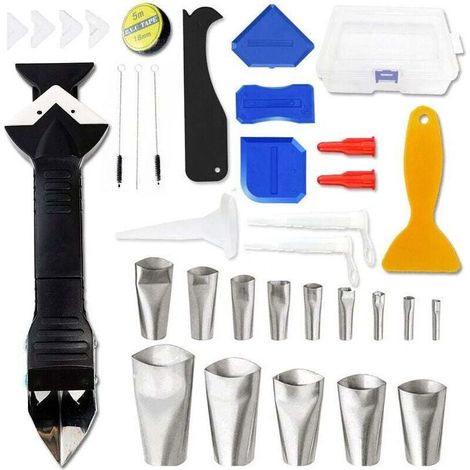 Outil de Calfeutrage en Silicone 35Pcs,Joint Calfeutrage Outils 3 en 1, Buses de Finition de Calfeutrage 14 Pcs, Kit de Grattoirs en Plastique Pour Coin de Sol de Cuisine de Salle de Bain (1/4)