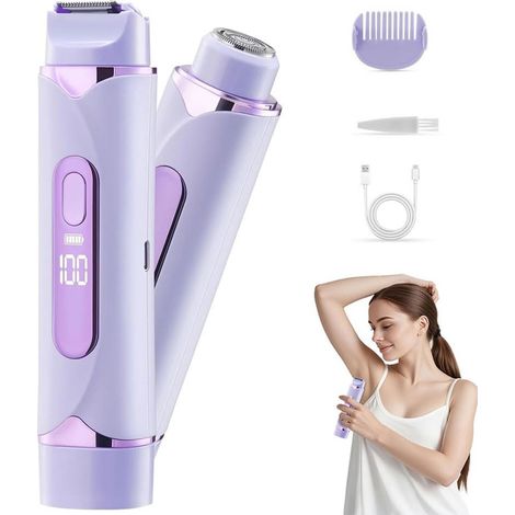 Rasoir Electrique Femme, 2 en 1 Double Tête Tondeuse Femme Intime Humide Sèche Étanche, Rechargeable Epilateur Rasoir Électrique Tondeuse pour Bikini Maillot Visage Jambes Aisselles Violet (1/5)