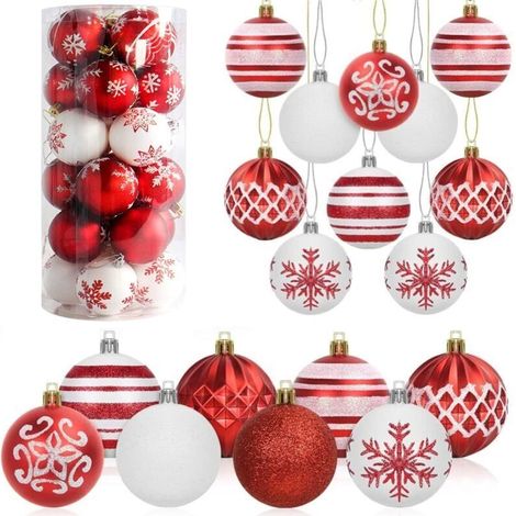 32 Pièces Boules de Noël 6CM Rouges et Blanches - Ornements Incassables à Suspendre pour l'Arbre de Noël, Vacances, Maison, Fête et Décoration (8 Styles) (1/4)
