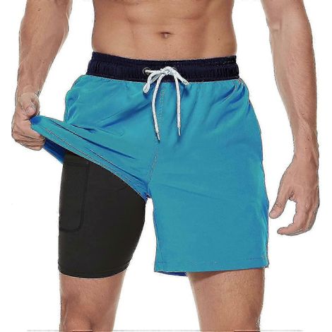 Short de bain homme avec doublure de compression et séchage rapide - Short de plage/surf avec poches zippées pour homme Navy-blue-M (1/5)