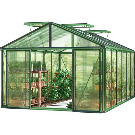 GFP Gewächshaus Asteria 24 Premium 311x460 cm mit integriertem Fundament 16 mm Doppelstegplatten, Farbe Moosgrün