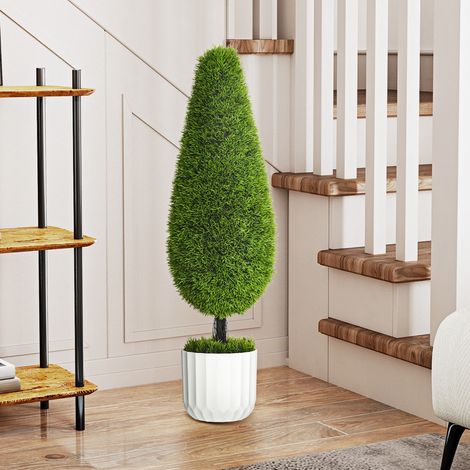 Lot de 2 cyprès synthétiques en pot 12x16 cm, vert et blanc, mousse et ciment, matériaux PE et plastique