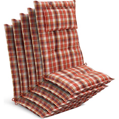 5x Gartenstuhlauflage Hochlehner 120x50x7cm, Orange-Rot-Grün-Kariert