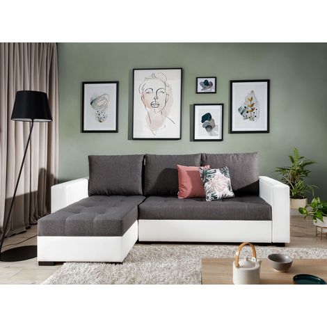 Canapé d'angle convertible et réversible tissu gris foncé et simili cuir blanc Zelly 237cm (1/5)