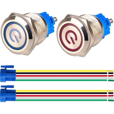 2 Interrupteur à bouton poussoir,Verrouillage 1NO1NC,Acier inoxydable,Étanche LED,220V-230V,Trou 19mm,Panneau industriel