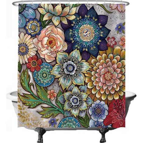 Sollbry Cortina de ducha - Flores Multicolor - Arte Natural - 180 x 200 cm - Lavable - Antimoho - Impermeable - Rojo Amarillo Azul Verde (1/5)
