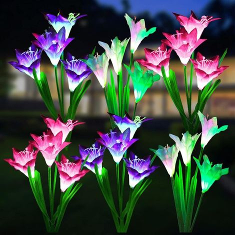Solar Light Outdoor Decorative Flower Lantern, Waterproof, with 24 Lily Flowers, Multicolor Color Changing LED Landscape Lighting for Yard, Garden, Patio, 6 Pack (1/5)