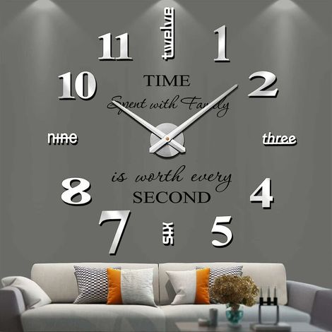 Moderne Silencieux DIY Sans Cadre Grande Horloge Murale 3D Miroir Autocollant Métal (Argent) (1/5)