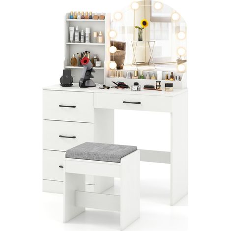 COSTWAY Makeup Vanity Desk Dressing Table and Stool Set w/Charging Station White (1/5)