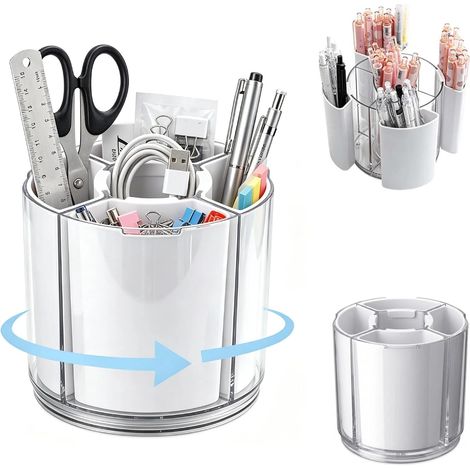 Organizador de escritorio giratorio de 360°, portalápices extraíble, almacenamiento para marcadores, apto para el hogar, la escuela y la oficina, color blanco. (1/5)