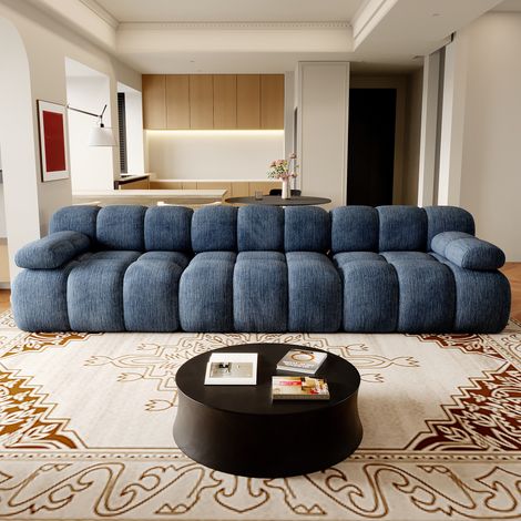 Canapé compressé 3 places 300x100x68 cm sans structure, sans montage, mousse haute résilience, assise profonde et large, tissu chenille bleu (1/5)