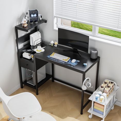 Bureau ordinateur avec prise électrique étagères rangement ports USB. Station de charge PC pour bureau à domicile, noir
