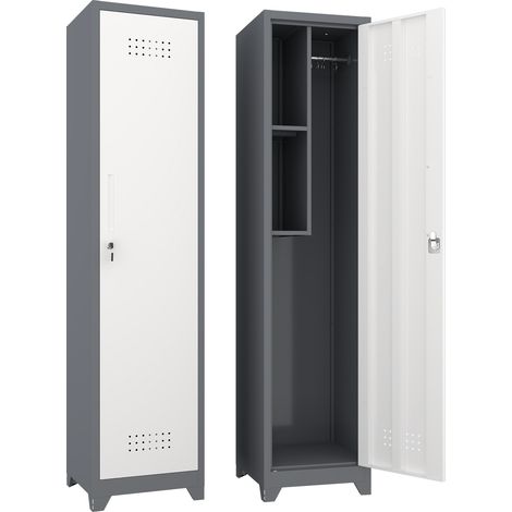 Armoire à balais en métal gris 165 cm, meuble de rangement étroit avec 4 compartiments, tringle réglable et panneaux ventilés pour buanderie CHICFURN
