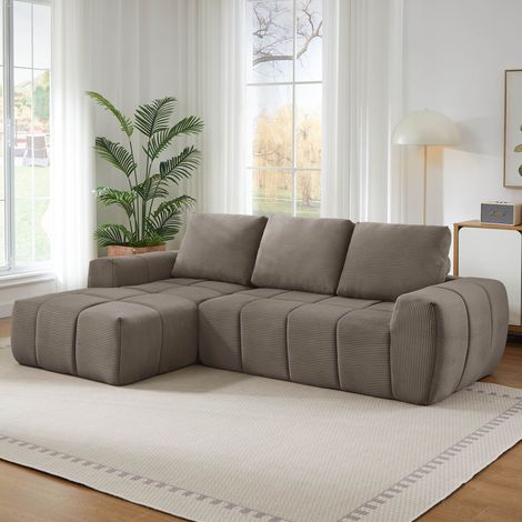 Canapé d'angle en L XXL 255x182x84 cm, sans montage, coussins amovibles, mousse et ressorts ensachés, velours côtelé capitonné (1/5)