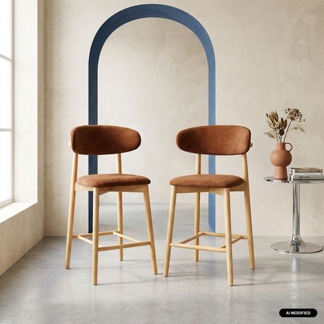 Lot de 2 tabourets de bar en bois d'hévéa naturel et tissu chenille - Paola Naturel / Terracotta (1/5)