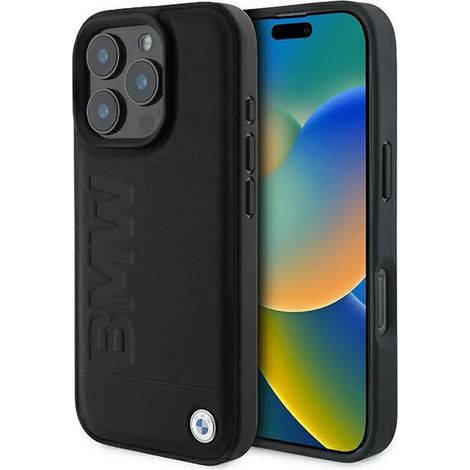 Coque rigide en cuir noir/noir pour iPhone 16 Pro 6,3 pouces BMW BMHCP16LSLLBK avec marquage à chaud (1/5)