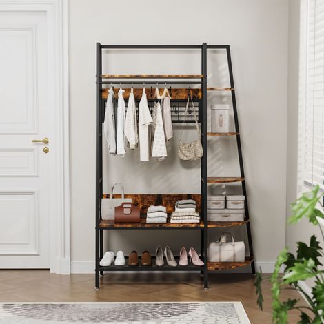 Portemanteaux industriel indépendant avec étagères de rangement. Modèle rétro marron multifonction pour ranger vêtements ainsi que chaussures. (1/5)