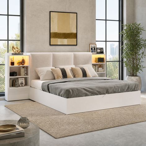 Lit plateforme 180x200 cm MDF et contreplaqué blanc, LED et rangement gain de place – MEUBLIV (1/5)