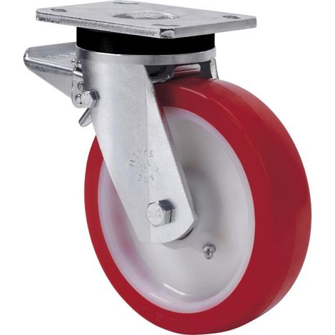 rueda giratora placa freno 10slrfd200-pob nylon blanco-poliur.rojo eje bolas (1/3)
