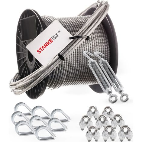 Seilwerk STANKE Câble d’acier galvanisé gainé (couche PVC) 40m diamètre 4mm 6x7, 2x Tendeur M6 èil-Crochet, 8x Cosse-Cèur, 8x Serre-Câble è étrier - SET 5