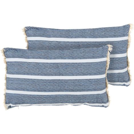 Set of 2 Outdoor Throw Cushions Blue Polyester Garden Accessory Striped Pattern With Fringes ALPINIA (1/5)