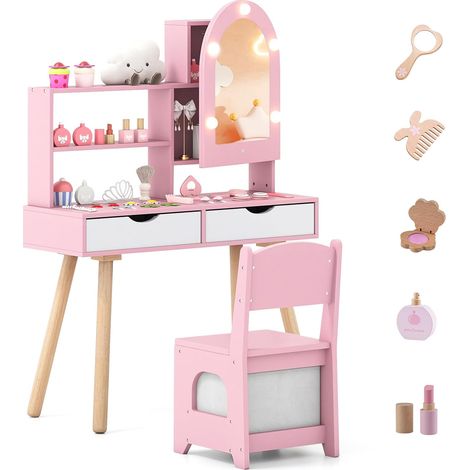COSTWAY Set da toeletta per bambini con specchio a LED, toletta da principessa con illuminazione, 2 cassetti, 3 ganci e accessori, toletta per bambini in legno, toletta per ragazze dai 3 anni in su (r (1/5)